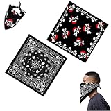 Wxinsheng Bandana Negra con Diseño de Calavera Pirata,2 PCS Pañuelo Negro Bufanda de Doble Faz,Bandana Pirata para Disfraces Halloween