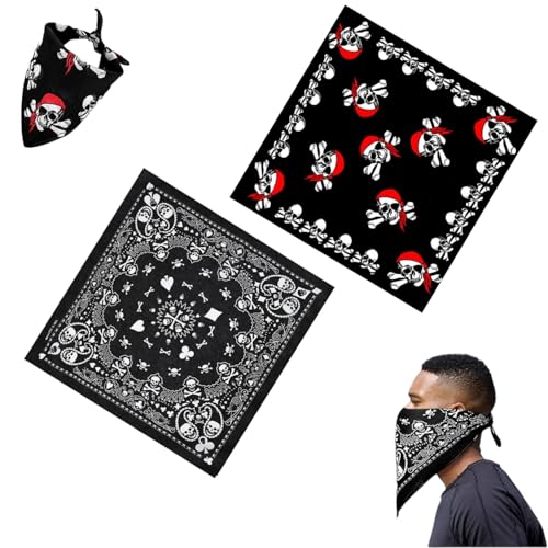 Wxinsheng Bandana preta com design de caveira pirata, 2 peças lenço preto cachecol de dupla face, bandana pirata para disfarces de Halloween