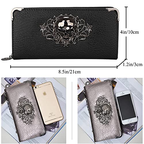 Skull Wallets for Women Zipper Wallet Shiny Faux Leather Clutch Handbags Chian Wristlets Bag Card Pockets Long Cion Purse-Rose red3