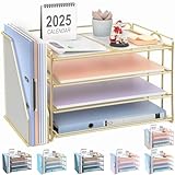 Onilife Desk Organizer with File Magazine Holder, Desk Organizers and Accessories, 4-Tier Letter Paper Tray Organizer with Drawer, Mesh Desktop Organizer Storage for Office Supplies Home School, Gold