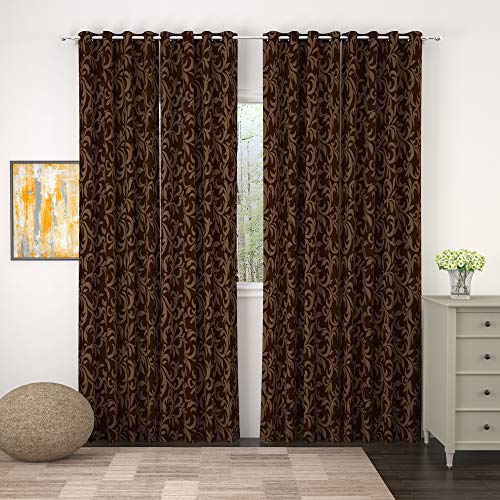 Image of Story@Home Bloom Collection Jacquard Lavish and Modern Rich Floral Print 4 Piece Eyelet Ring top Door Curtain for Bedroom and Hall - 7 Feet, Glozy Brown