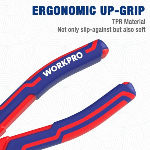 Image of WORKPRO Premium 6 inch Bent Needle Nose Pliers(Smooth Jaw), Paper Clamp Precision, Heavy-Duty CRV Steel, Soft Grip with Wire Cutter, Long Nose Cutting Pliers