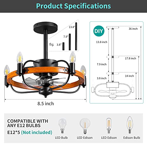 Osgner 20" Farmhouse Ceiling Fan With Light And Remote Control, Black Bladeless Candle Chandelier Ceiling Fan, Vintage Caged Ceiling Fan Lights Fixture For Living Room, Reversible Ceiling Fan #TOP5