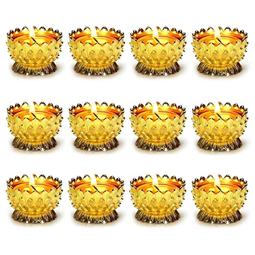 Sziqiqi Lot de 12 photophores en forme de lotus Ghee - En cuivre tibétain - Pour lampes à huile et autel - Doré