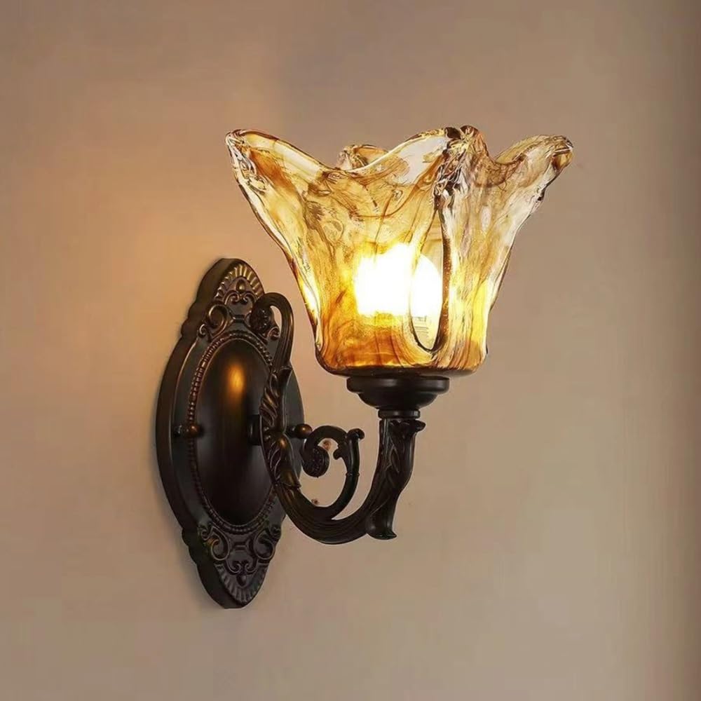 Cosrub One Color Vintage Flower Bedside Wall Sconce, Amber Texture Glass Wall Lamp