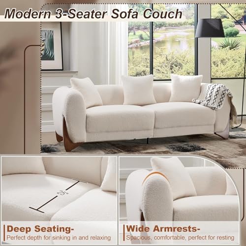 Image of 87 inch Sherpa Boucle 3 Seater Sofa Modern Cloud Couch with Solid Wood Legs, 25in Extra Deep Seat, Comfy Thick Cushion Upholstered Sofa Couches with 3 Pillows for Living Room, White