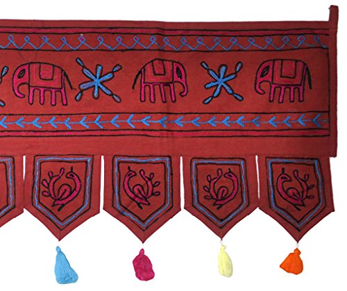 Image of Lal Haveli Rajasthani Handmade Mirror Work Design Elegant Embroidered Cotton Door Hangin.