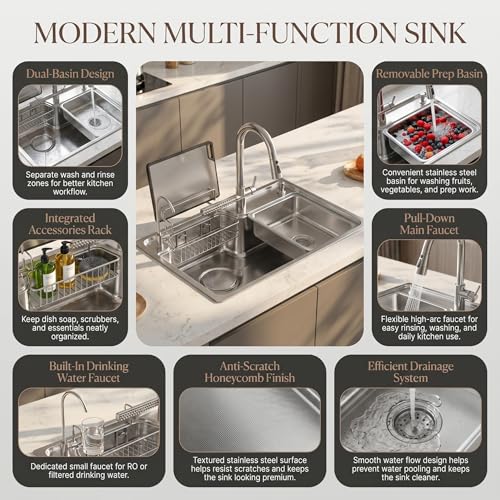 Image of InArt 304 SS Multi-Function Kitchen Sink with Pull-Down Tap | Anti-Scratch Bowl | With Soap Dispenser, Drinking Water Tap, SS Cutting Board, Strainer Basket & Full Drain Pipe Set | 75x46x25.5 CM