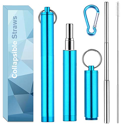 Collapsible Metal Straws, Reusable Stainless Steel Straws, Portable Telescopic Drinking Straws with Case and Cleaning Brush(Blue)