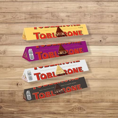 Image of COCOCART Toblerone Chocolate Bar,Enjoy Toblerone,The Iconic Triangular Chocolate From Switzerland (Pack Of 4,Milk,Dark,White,Fruit & Nut),100 Gram