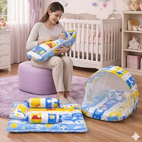 Image of Fareto Combo of Baby Bed with Net | Carry Bag | 4 Pcs Bedding Set (0-6 Months, Baby Size, Cotton) (Blue Fox)