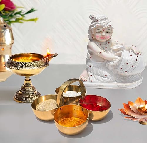 Image of Pure Source India Pure Brass Small Pooja Roli, Chawal, Haldi, Kumkum Katori /Chawmukh with Handle for Home Mandir (8.5 X 8.5 CM) (Gold) (20 ml)