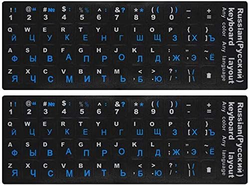 FORITO 2PCS Universal Russian-English Keyboard Stickers, Matte Replacement Russian Keyboard Stickers with Blue Letters on a Black Background for Laptops and Desktops (Russian Blue)