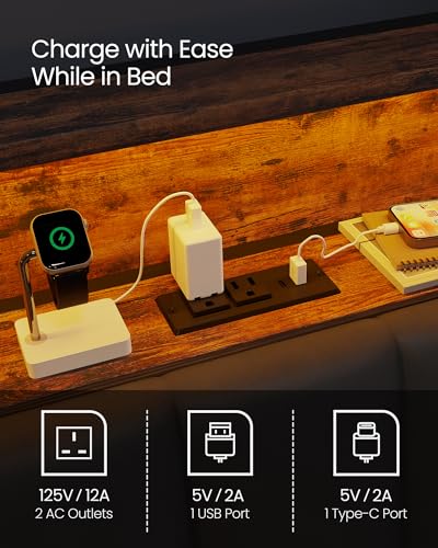 VASAGLE LED Bed Frame Queen Size, Storage Headboard and Charging Station, Queen Bed Frame with 2 AC Outlets, 1 USB Port, 1 Type-C Port, No Box Spring Needed, Ink Black and Rustic Brown URMB841B01
