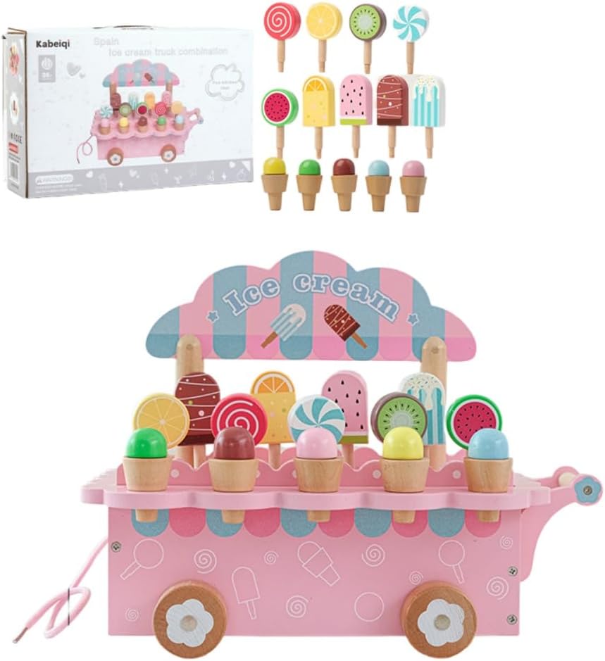 Pretend Play Set, Ice Cream Shop, Ice Cream Cart, Wooden Ice Cream Parlor, Pretend Play Toy, No Assembly Required, Parent-child Game, Birthday Gift, Gift, DIYBlue Pink