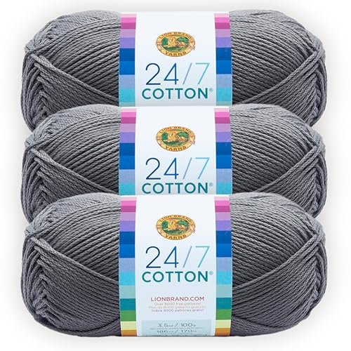 Image of Lion Brand Yarn, 24 /7 Cotton Mercerized Lightweight Yarn for Knitting, Crochet, and Crafts, Silver, 3 Pack, 185 Yards of Natural Fiber for Breathable Tops, Durable Bags, and Easy-Care Dish Cloths | Light Worsted 100% Mercerized Cotton Yarn for Crochet, Knitting, Craft, 185 Yards of Natural Fiber for Tees, Bags, Dishcloths