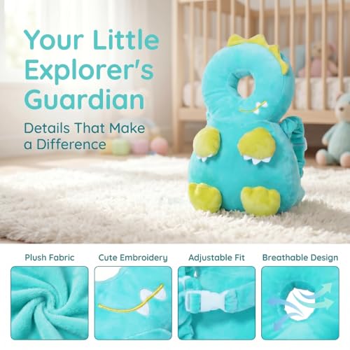 Image of Baby Head Protector Backpack - Soft & Lightweight Head Protection Pillow for Bebe Walking and Crawling(Green Dinosaur)