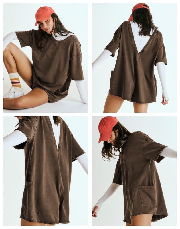 Combinaison Femme Été Manches Courtes Combishort Col en V Dos Nu Jumpsuit Casual Loose Salopette Short Chic et Élégant Grande Taille Une Pièce Shorts Avec Poches Décontracté Plage Rompers