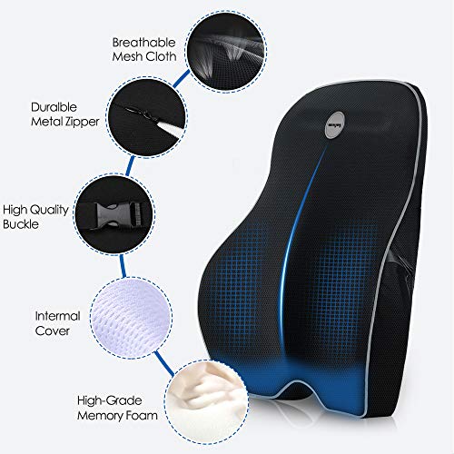 Winjoy Lumbar Support Pillow for Office Chair, Memory Foam Ergonomic Orthopedic Backrest Back Cushion Pillow for Wheelchair, Car, Computer and Desk Seat-Lower Back Pain Relief