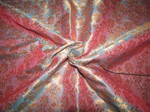 Tissu brocart de soie rose bleu or BRO718 pour haute couture