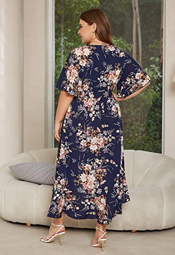 Image of Keluummi Plus Size Maxi Dress for Women V-Neck Floral Empire Waist 3 /4 Sleeve with Pockets