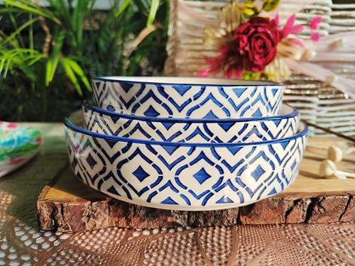 Image of Niyara Stoneware Handmade Ceramic Stylish Premium Serving Bowls /Salad Tray Microwave Dishwasher Safe (Blue Design Salad Bowl Set of 3)