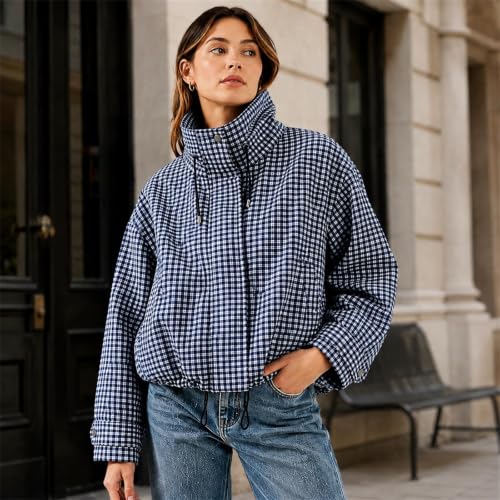 Women's Zipper Jackets Pullover Gingham Stand Collar Casual Bomber Jacket - image 3