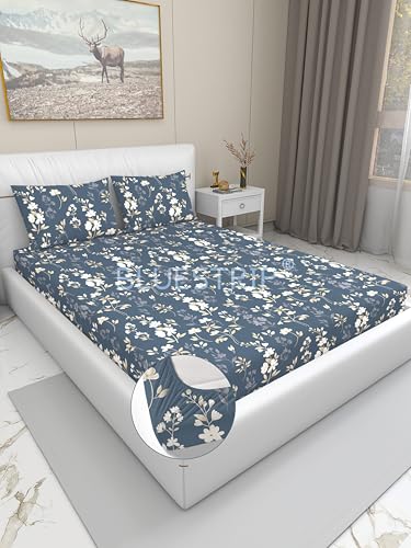 Image of Blue Strip 300 TC Cotton Feel Glace Cotton Elastic Fitted Printed King Size Double Bed Bedsheet with 2 Pillow Covers Fits Upto 9 Inches, Size 72x78x10 Inches