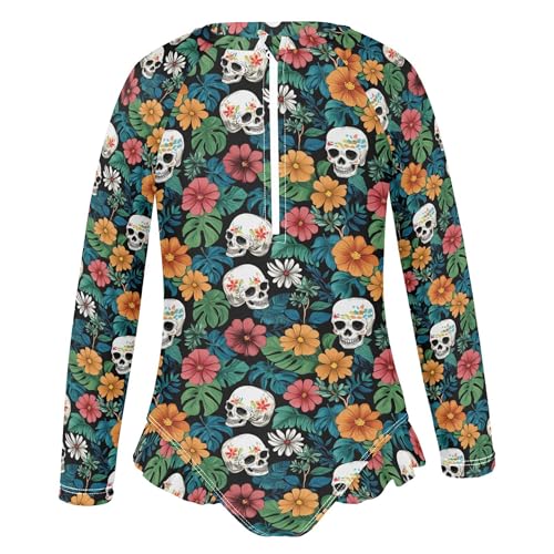 Skull Flower Girls Long Sleeve Rashguard Swimsuit UV Protection One-Piece Swimwear Bathing Suit B04044562
