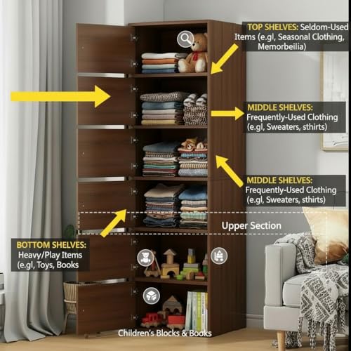 Image of 6-Door Morden Wooden Collapsible Wardrobe for Storage /Space Saving Wooden Wardrobe with Doors /Collpsible Storage Organiser /Living Room -Mapple (Walnut, 6 Layer)