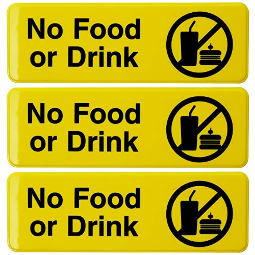Excello Global Products No Food or Drink Sign: Easy to Mount Informative Plastic Sign with Symbols 9” x 3”, Pack of 3 (Yellow)