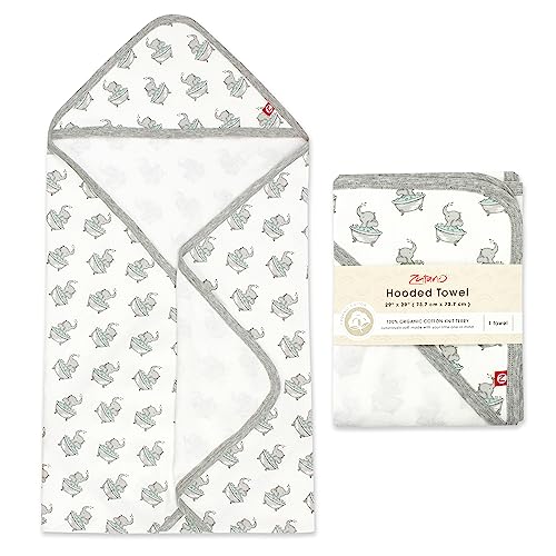 Image of Zutano Hooded Baby Towels, Organic Cotton Baby Bath Towel, Ultra Soft and Absorbent Baby Towel for Newborn and Infant | Girl, Boy, and Unisex Towel Set, Elephant Bath Time, 1-Pack