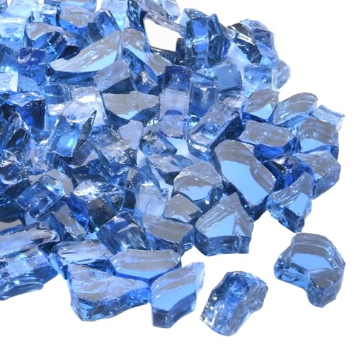 vchin Blue Fire Pit Glass, 10 Pounds High Luster Reflective Tempered Glass Rocks for FirePit Table, Propane Fireplaces, Fire Bowls, 1/2 Inch