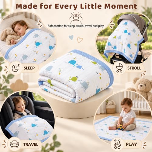 Image of StarAndDaisy Muslin Cotton Blanket 110 x 110 cm, Soft Lightweight Baby Blanket with Whale Print, Breathable Muslin Wrap for Newborns, Infants and Toddlers.