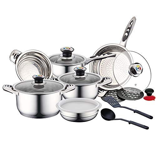 Herzberg Cooking 49126356 Batterie de Cuisine-lot Induction poele Set de casseroles 16 pièces en INOX-Tous Feux-Herzberg HG16SSG, Acier Inoxydable, Standard Cover