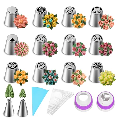 Suuker 27 Pieces Russian Piping Tips Set, Cake Decorating Supplies for Cupcake Cookies Birthday Party (12 Icing Tips, 10 Pastry Baking Bags, 2 Leaf Piping Tips, 2 Couplers, 1 Silicone Bag)
