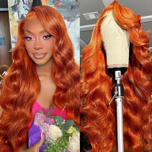 Image of Dark Ginger 13x4 Lace Front Wigs Human Hair Glueless Ginger Orange Colored Body Wave Lace Front Wigs with Baby Hair Pre Plucked 180 Density HD Transparent Lace Frontal Wigs for Women 18 Inch