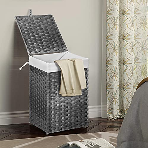 Greenstell Laundry Hamper With Lid, 60L Clothes Hamper With 2 Removable Liner Bags & 2 Mesh Laundry Bags, Handwoven Synthetic Rattan Laundry Basket For Clothes, Toys In Bathroom, Bedroom Grey #TOP1