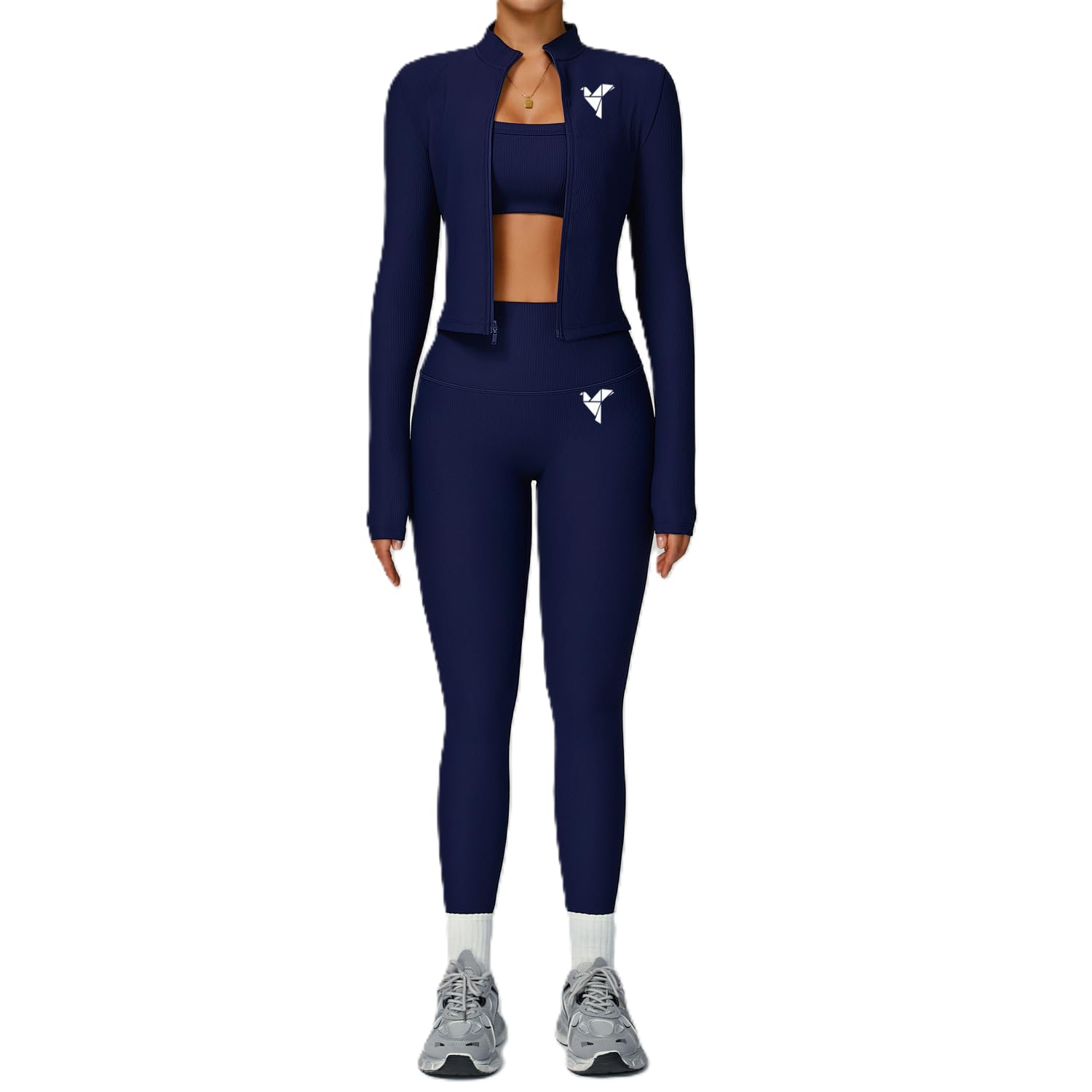 Womens 3 Piece Ribbed Athletic Set Navy Blue Zip Jacket with Crop Top and Leggings Activewear Workout Set