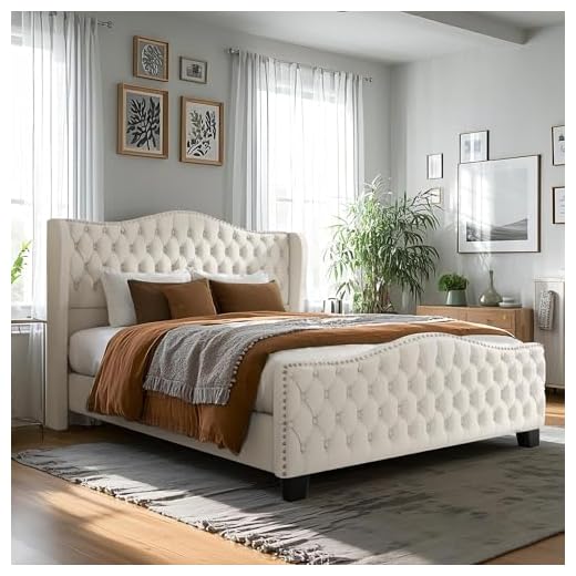viplov Queen Size Platform Bed Frame with 51-inch Tall Camelback Headboard & Wingback, Deep Button Tufted Footboard with Nailhead Trim, No Box Spring Needed, NO Noise, Cream