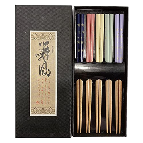 Rpanle Bacchette Giapponesi, Bacchette Sushi in Legno Naturale, Riutilizzabili e Antiscivolo, con Confezione Regalo (A Cinque Colori)