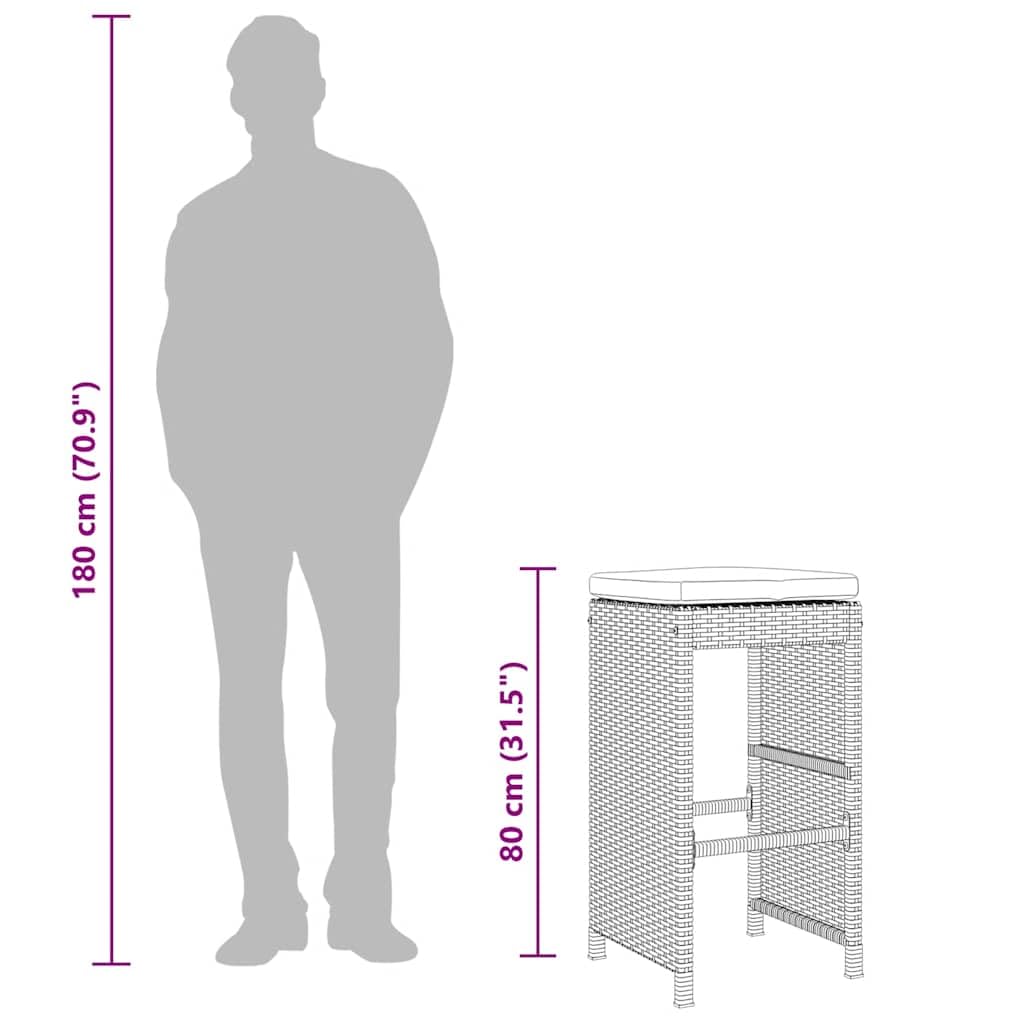mtlskopal - Set di 2 sgabelli da giardino, in polyrattan, 40 x 40 x 76 cm, con cuscino bianco crema, telaio in acciaio, fino a 110 kg, per esterni, balcone, terrazza, giardino