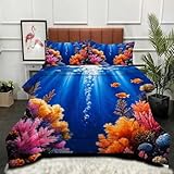 ZZXHG 3D Druck Bettdecke Hautfreundlich & Alle Jahreszeiten - Blauer Ozeankorallen, Bettwaren Set mit 2 Kissenbezügen 80x80 cm für Paare und Gastzimmer, Maschinenwaschbar, 155x220 cm_A2320