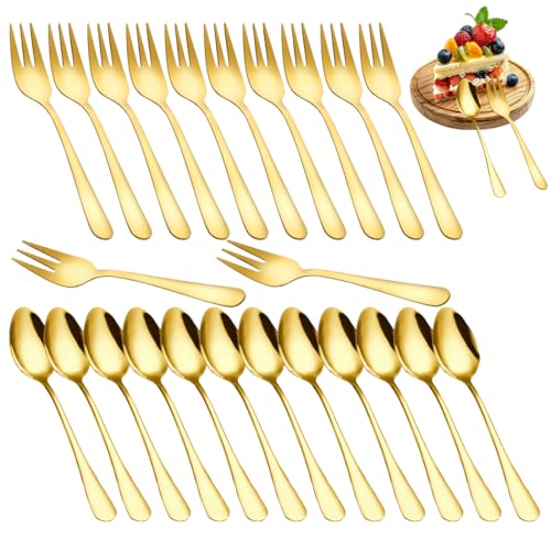 LOMUG Goldenes Kaffeebesteck, Kaffeelöffel und Kuchengabeln Set 24 Stück, Kleine Löffel und Gabel Set für Hochzeit, Geburtstag, Partei,...