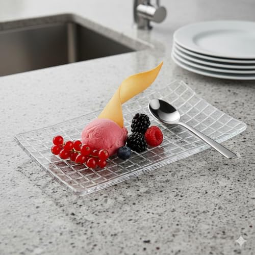 Image of Luxury Rectangular Clear Glass Dessert Platter 11 Inch Set of 1, Modern Textured Grid Serving Dish for Appetizers, Sushi, & Pastries, Elegant Presentation Tray