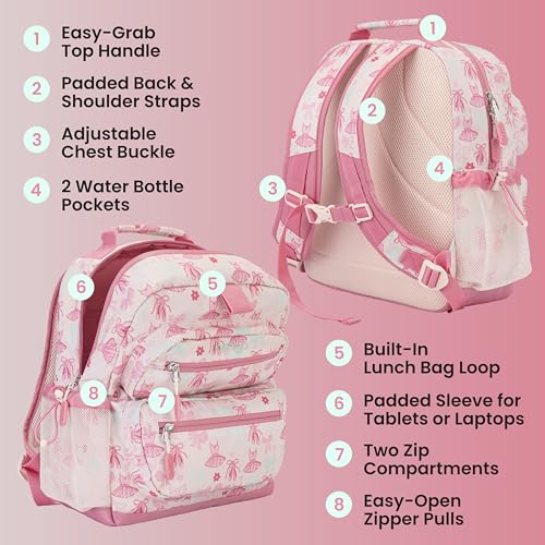 Image of Bentgo Kids Print Backpack - Lightweight 14 inch Backpack for School, Travel & Daycare, Ideal for Ages 4+, Durable & Water-Resistant, Roomy Interior, & Loop for Lunch Bag (NEW Ballet & Bows)
