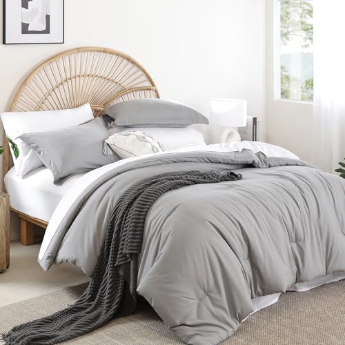 Image of weigelia King Size Comforter Set 7 Pieces Grey Bed Comforter Set Bed in a Bag Solid Color Soft Microfiber King Bedding Set with Sheets Pillow Shams and Pillowcases