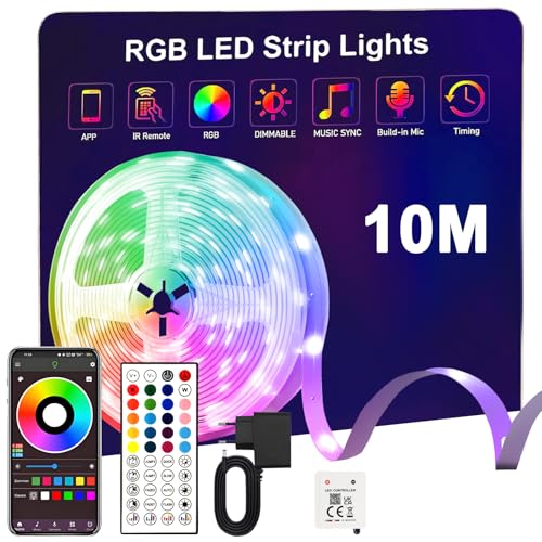 Striscia LED 10m,Strisce LED 10 Metri RGB con Funzione Musicale,44 Tasti Telecomando e App Bluetooth,Nastri per Soggiorno/Cucina,Decorazione Camera da Letto, Festa, Bar,TV