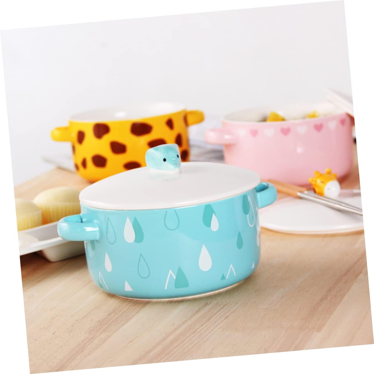 Unomor Cartoon Instant Noodle Bowl Lid Elephant Phone Holder Ramen Bowl Snack Storage