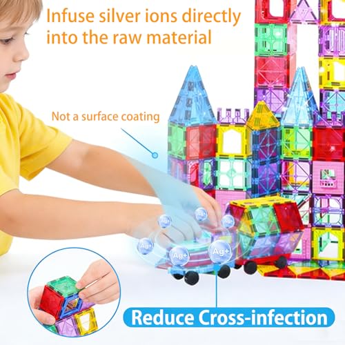 Upgraded Antibacterial Magnetic Tiles 142PCS with 2 Cars, Built-in Antibacterial Protection, Inhibits Bacterial Growth for Healthier Play, STEM Educational Building Blocks for Kids Ages 3+